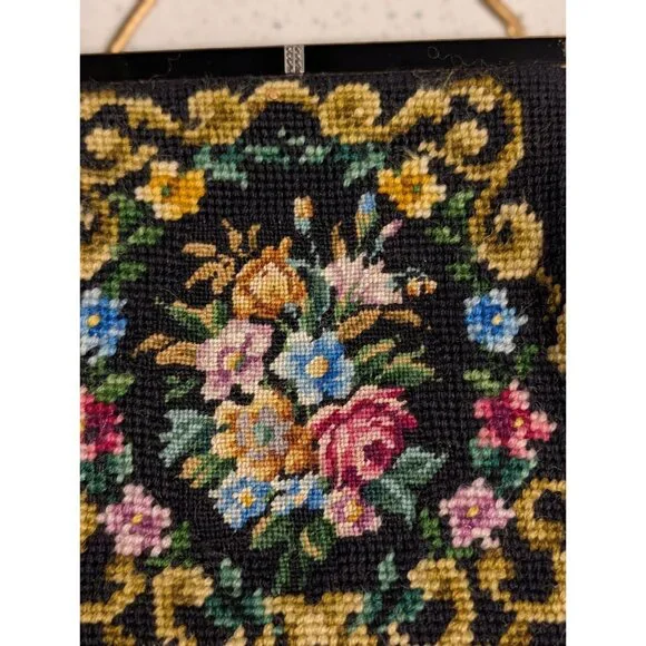 Vintage Floral Needlepoint Evening Bag Metal Frame Chain Strap etched clasp - Picture 4 of 16